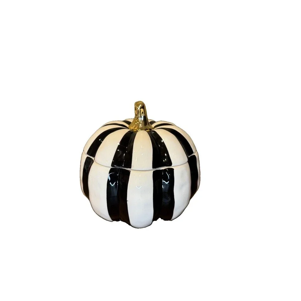 CERAMIC BLACK & WHITE STRIPED PUMPKIN JAR FALL DECOR